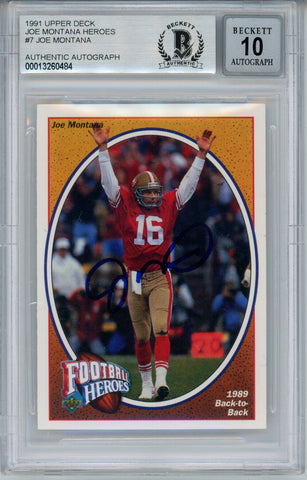 Joe Montana Autographed 1991 Upper Deck #7 Trading Card BAS 10 Slab 34639