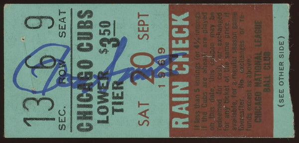 Ron Santo Signed Sept. 20, 1969 Ticket Stub (JSA COA) Chicago Cubs vs Cardinals