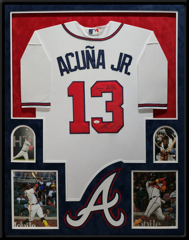 SUEDE FRAMED ATLANTA BRAVES RONALD ACUNA JR AUTOGRAPHED INSCRIBED JERSEY JSA COA