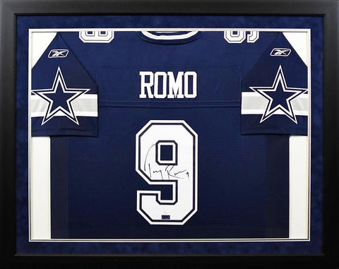 TONY ROMO AUTOGRAPHED DALLAS COWBOYS #9 NAVY REEBOK FRAMED JERSEY JSA