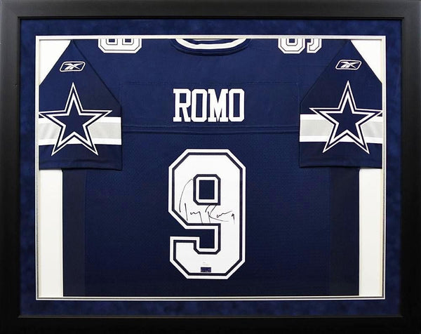 TONY ROMO AUTOGRAPHED DALLAS COWBOYS #9 NAVY REEBOK FRAMED JERSEY JSA