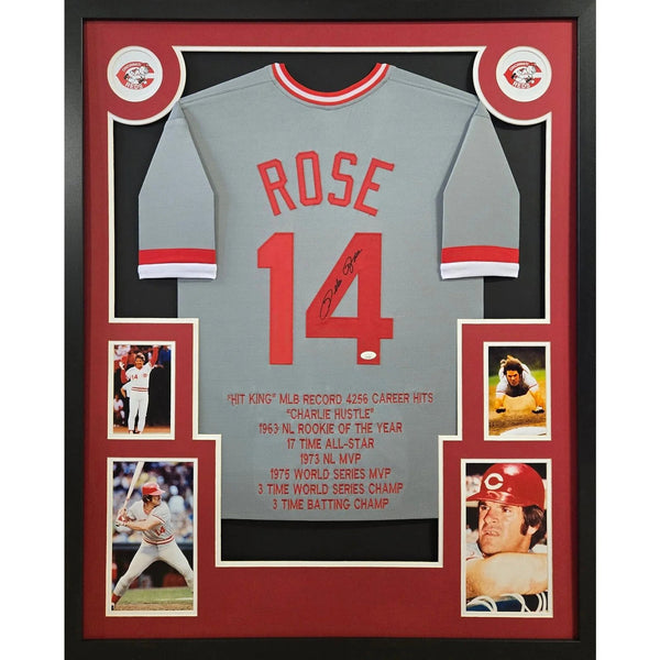 Pete Rose Autographed Signed Framed Stat Grey Cincinnati Reds Jersey JSA