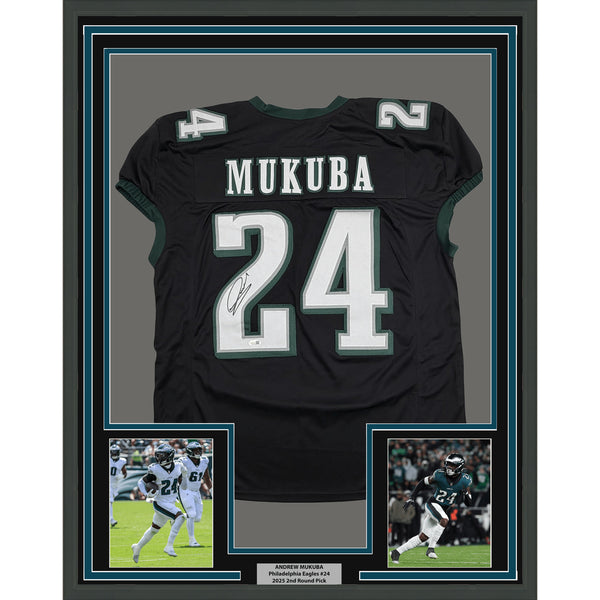 Framed Autographed Andrew Mukuba 35x39 Philadelphia Black Pro Cut Jersey JSA COA
