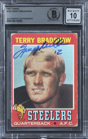 Steelers Terry Bradshaw Signed 1971 Topps #156 RC Card Auto 10! BAS Slabbed 3