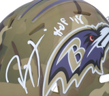 RAY LEWIS Autographed "HOF '18" Baltimore Ravens Camo Mini Speed Helmet FANATICS