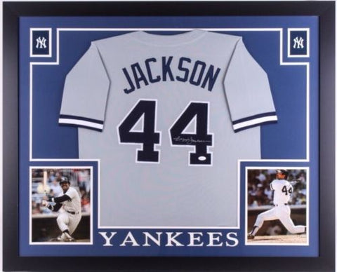 Reggie Jackson Signed New York Yankees 35x43 Framed Jersey (JSA COA) Mr. October