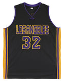 Magic Johnson Signed Black Pro Style Jersey w/ Purple Numbers BAS Witnessed 2