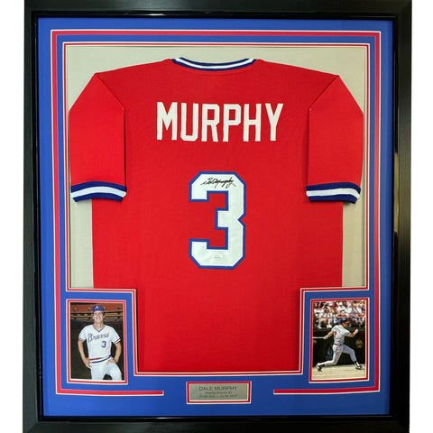 FRAMED Autographed/Signed DALE MURPHY 35x39 Atlanta Red Jersey JSA COA