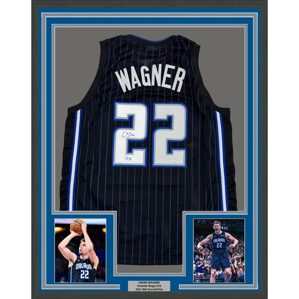 Framed Autographed/Signed Franz Wagner 35x39 Orlando Black Jersey BAS COA