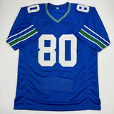 Autographed/Signed Steve Largent HOF 95 Seattle Blue Stat Jersey BAS COA