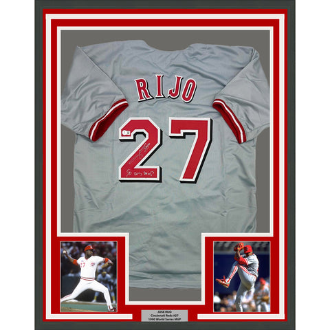 Framed Autographed/Signed Jose Rijo 35x39 Cincinnati Grey Jersey Beckett BAS COA