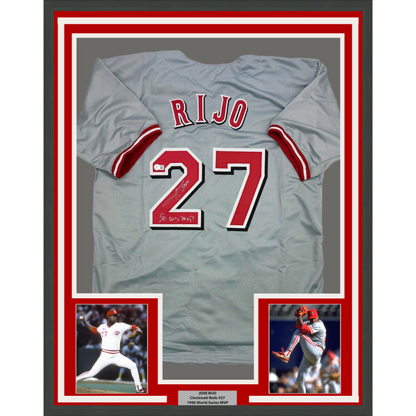 Framed Autographed/Signed Jose Rijo 35x39 Cincinnati Grey Jersey Beckett BAS COA