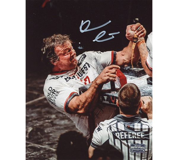 Devon Larratt Signed Unframed 8x10 Arm Wrestling Photo - White Shirt