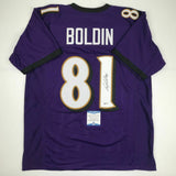 Autographed/Signed ANQUAN BOLDIN Baltimore Purple Football Jersey Beckett COA