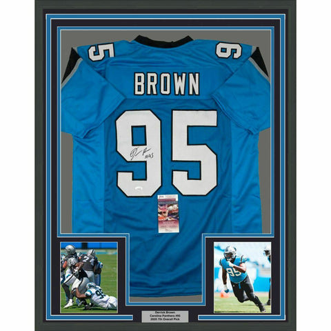 FRAMED Autographed/Signed DERRICK BROWN 33x42 Carolina Blue Jersey JSA COA Auto