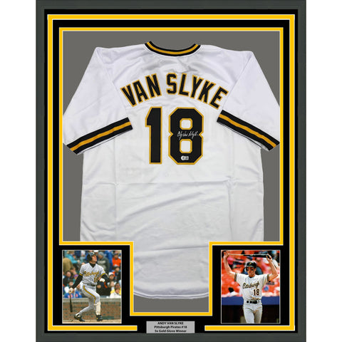 Framed Autographed/Signed Andy Van Slyke 35x39 Pittsburgh White Jersey BAS COA