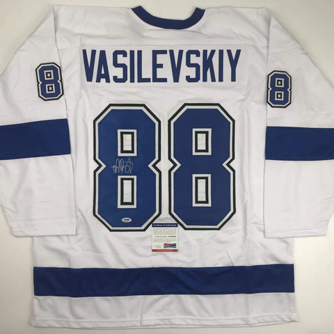 Autographed/Signed Andrei Vasilevskiy Tampa Bay White Hockey Jersey PSA/DNA COA