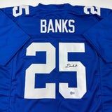 Autographed/Signed Deonte Banks New York Blue Football Jersey Beckett BAS COA