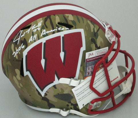 Badgers JOE THOMAS Signed Full Size Replica CAMO Speed Helmet AUTO w/ Script JSA