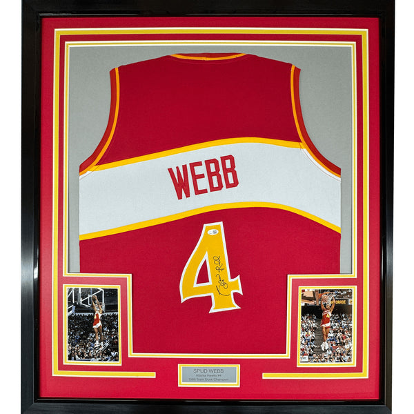 FRAMED Autographed/Signed SPUD WEBB 35x39 Atlanta Red Jersey JSA COA Auto