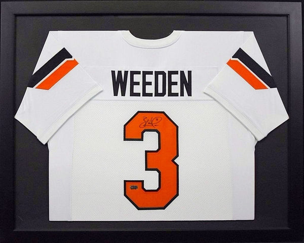 BRANDON WEEDEN SIGNED OKLAHOMA STATE COWBOYS #3 WHITE FRAMED JERSEY COA