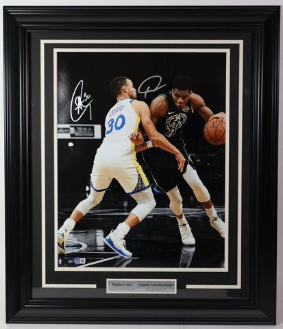Stephen Curry & Giannis Antetokounmpo Autographed 16x20 Photo Framed | BAS LOA