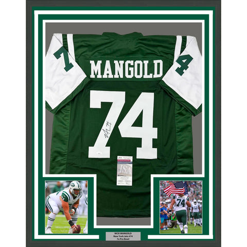 Framed Autographed/Signed Nick Mangold 33x42 New York Green Jersey JSA COA