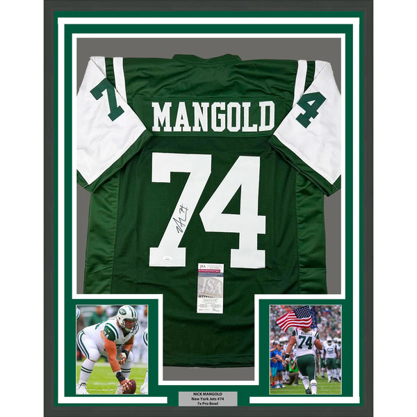 Framed Autographed/Signed Nick Mangold 33x42 New York Green Jersey JSA COA