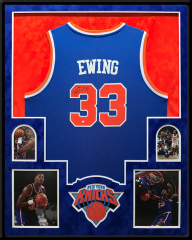 SUEDE FRAMED NEW YORK KNICKS PATRICK EWING AUTOGRAPHED JERSEY STEINER HOLOGRAM