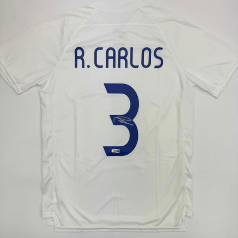 Autographed/Signed Roberto Carlos Real Madrid White Soccer Jersey Beckett COA