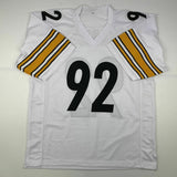 Autographed/Signed JAMES HARRISON Pittsburgh White Football Jersey Beckett COA