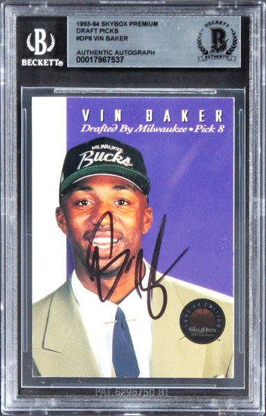 Bucks Vin Baker Signed 1993 Skybox Premium Draft Picks D#DDP8 Card BAS Slabbed