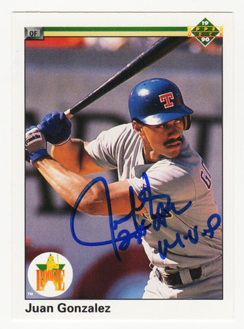 Juan Gonzalez Autographed Rangers 1990 UD Rookie Card #72 w/2x AL MVP -SS COA