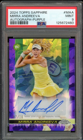 2024 Topps Chrome Sapphire Tennis Purple /10 Mirra Andreeva Auto RC PSA 9 MINT