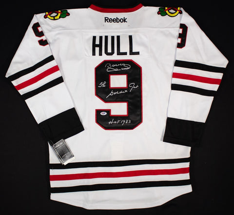 Bobby Hull Signed Chicago Blackhawks Reebok Jersey "The Golden Jet & HOF 83"/PSA