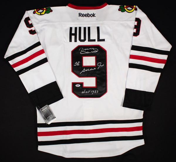 Bobby Hull Signed Chicago Blackhawks Reebok Jersey "The Golden Jet & HOF 83"/PSA