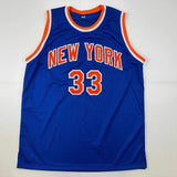 Autographed/Signed Patrick Ewing New York Blue Basketball Jersey Beckett BAS COA