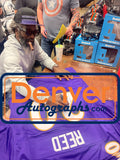 Ed Reed Autographed/Signed XL Pro Style Purple Jersey Beckett Witness 49289