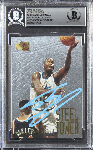 Magic Shaquille O'Neal Signed 1995 Metal Steel Towers #7 Card BAS Slabbed