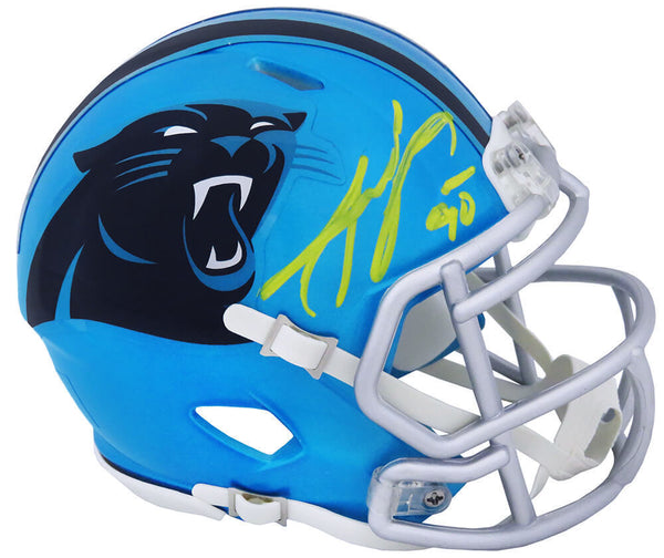 Julius Peppers Signed Panthers FLASH Riddell Mini Helmet (Yellow Ink) - (SS COA)