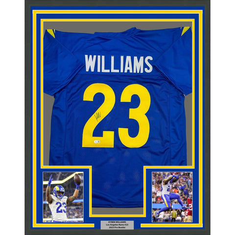 Framed Autographed/Signed Kyren Williams 35x39 LA Blue Jersey BAS COA #2