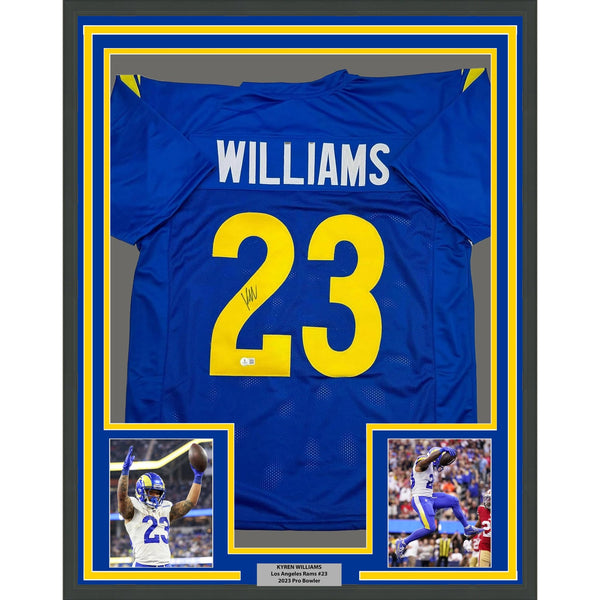 Framed Autographed/Signed Kyren Williams 35x39 LA Blue Jersey BAS COA #2