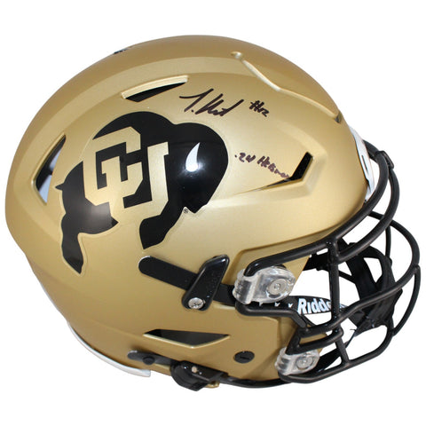 Travis Hunter Autographed Colorado Buffaloes Gold SpeedFlex Helmet Beckett 53372