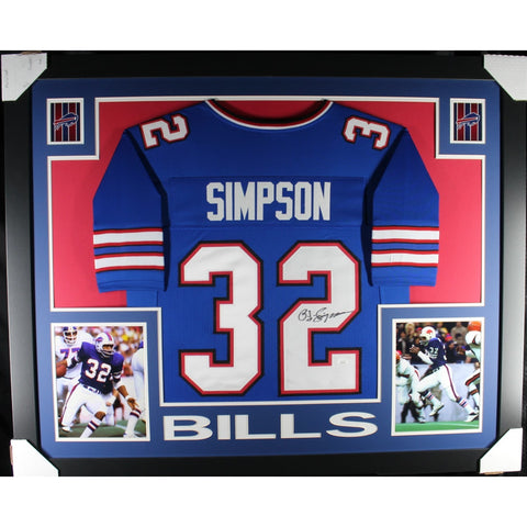 OJ Simpson Autographed Pro Style Blue XL Framed Jersey 35x43 Beckett 53079
