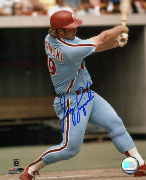 Greg Luzinski Signed Phillies Blue Jersey Batting 8x10 Photo - (SCHWARTZ COA)