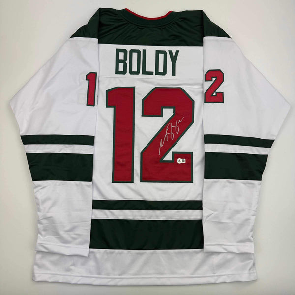 Autographed/Signed Matt Boldy Minnesota White Hockey Jersey Beckett BAS COA