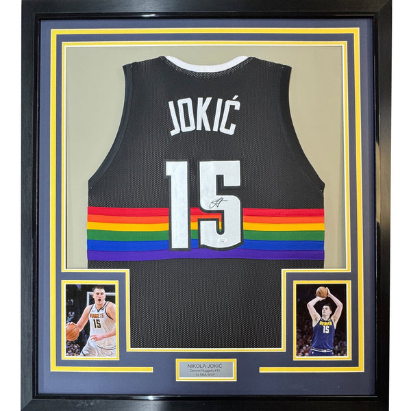Framed Signed Nikola Jokic 35x39 Denver Black Rainbow Jersey JSA COA