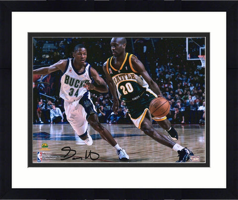 Framed Gary Payton Seattle Supersonics Signed 8x10 Dribbling in Green Photo