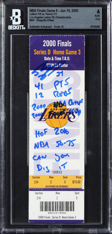 Shaquille O'Neal 8x Insc Signed 2000 NBA Finals Game 6 Ticket Auto 10 BAS Slab 1