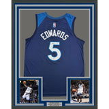 Framed Autographed/Signed Anthony Edwards 35x39 Minnesota Blue Jersey BAS COA
